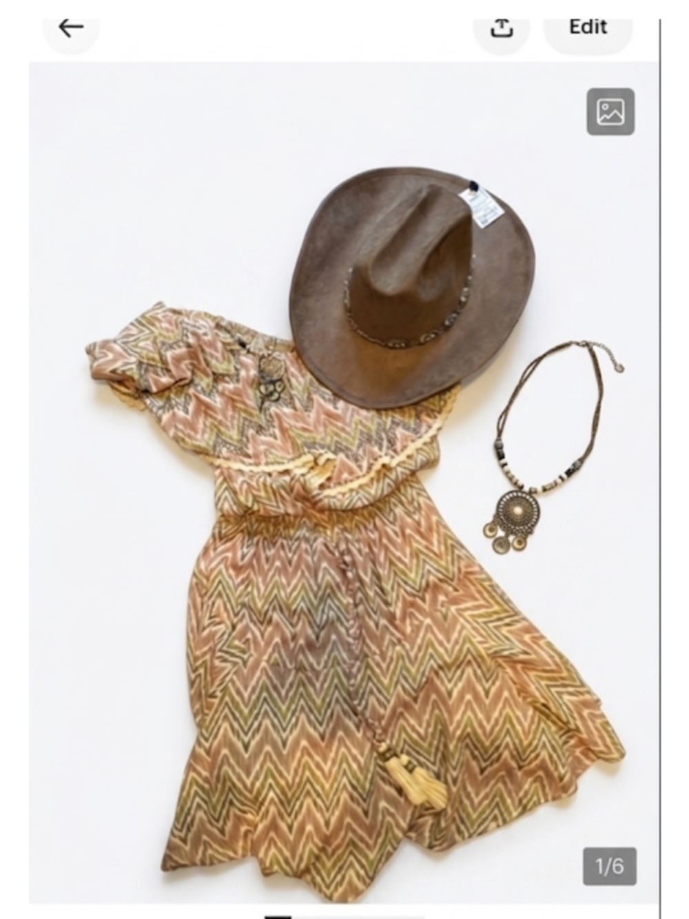 Bundle! Boho Chevron Print Off-Shoulder Dress with Tassel Tie hat necklace